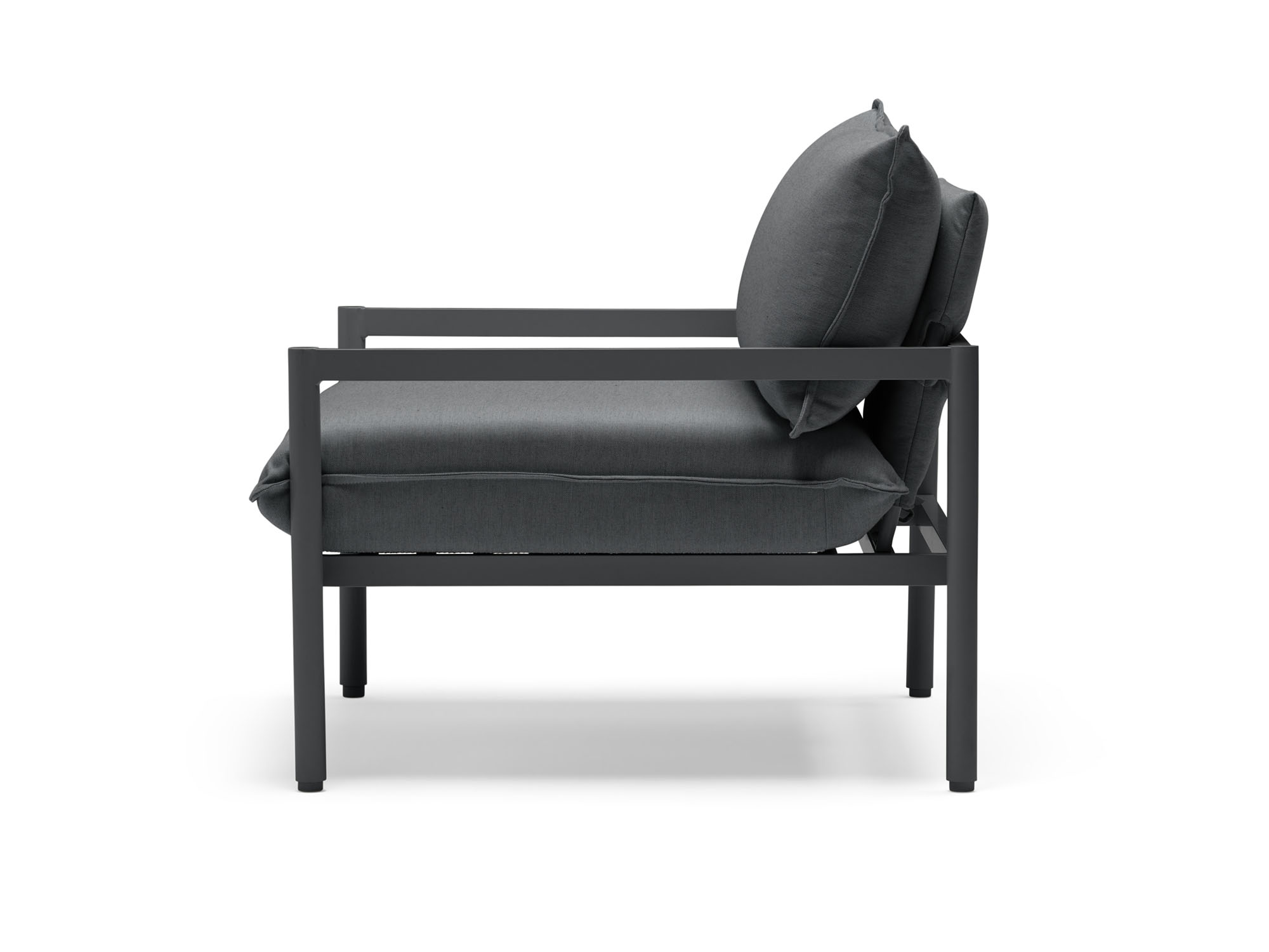 Side view of outdoor chair with black cushions and metal legs